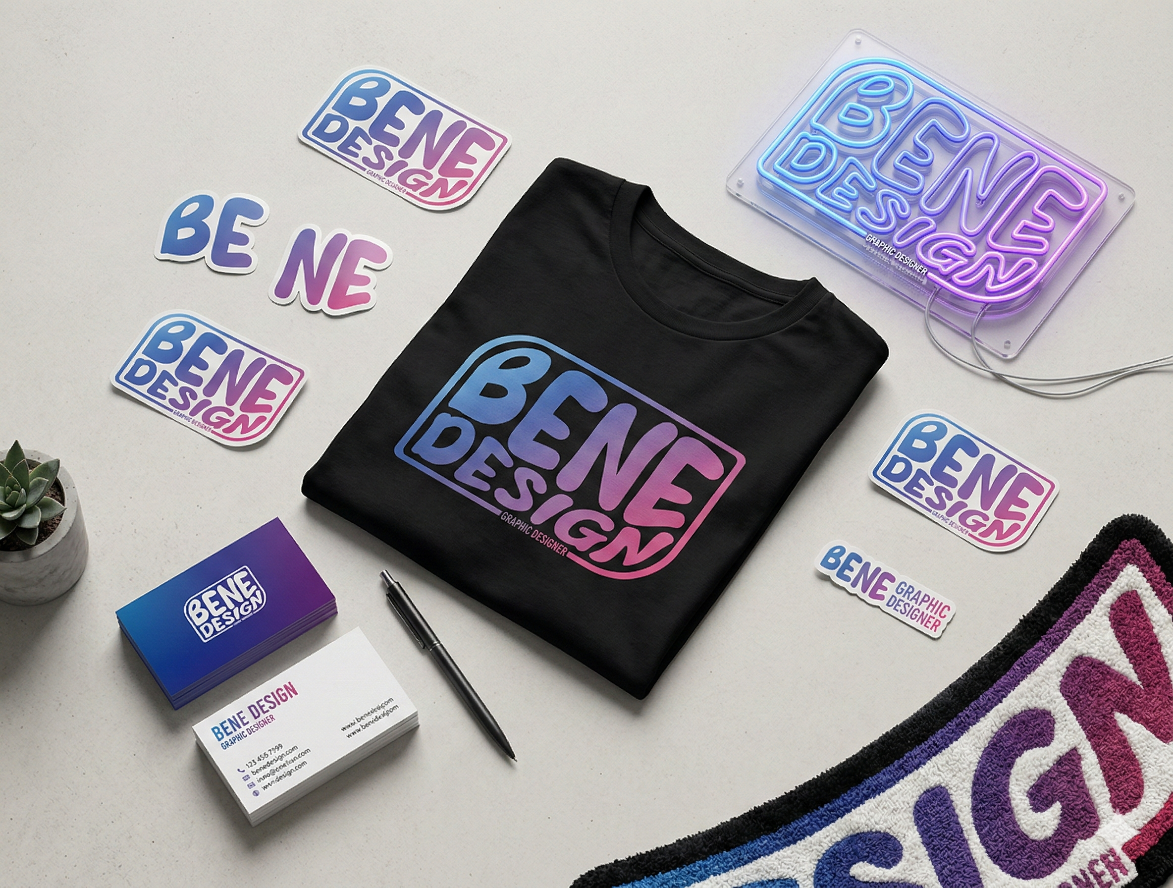 Collage de nos réalisations - enseignes, néons, branding, sites web et textiles personnalisés